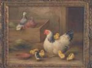A Study Of A Hen Andher Chicks With Pigeons By A Box