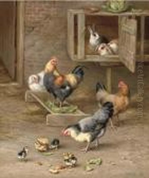 Chicks, Chickens And Rabbits In A Hutch - view 1