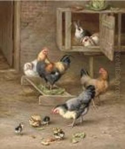 Chicks, Chickens And Rabbits In A Hutch by Edgar Hunt