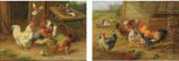 Rooster, Hens And Pigeons, And Rooster, Hens And Ducks: A Pair - view 1