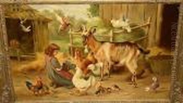 Young Girl Feeding Chickens, A
Goat And Doves In A Farmyard, Bears Signature And Dated 'e Hunt 1906' - view 1