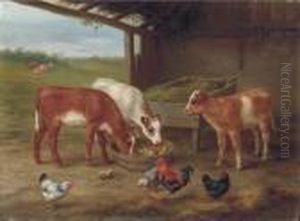 Calves And Chickens In A Barn, With Cattle Beyond by Edgar Hunt