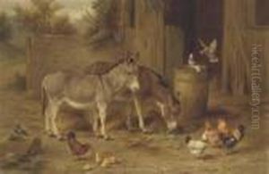 Donkeys, Chickens, Chicks And Doves In A Farmyard