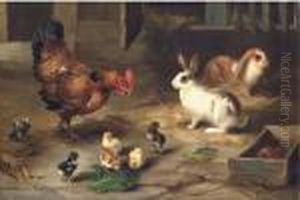 A Hen With Her Chicks, And Two Rabbits In A Stable by Edgar Hunt