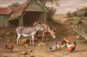 A Farmyard Scene With Donkeys And Poultry by Edgar Hunt