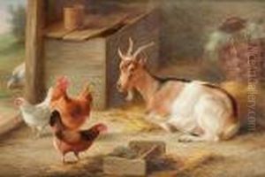A Goat And Chickens Inside A Barn by Edgar Hunt