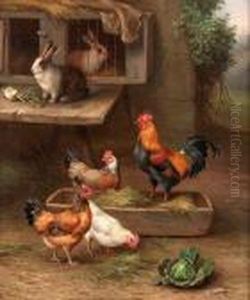 Chickens And Rabbits In A Farmyard by Edgar Hunt