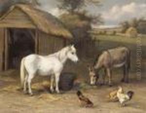 A Pony, Donkey And Chickens In A Farmyard by Edgar Hunt