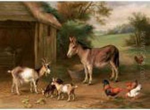 A Donkey, Goats And Chickens In A Farmyard by Edgar Hunt