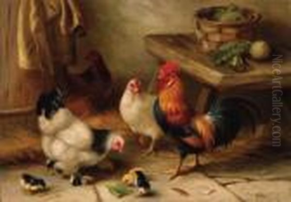 A Cockerel, Hens And Chicks - view 1