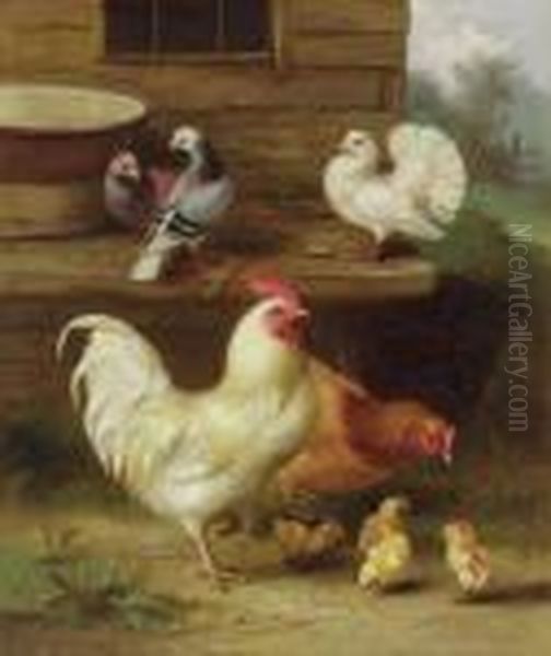 A Cockerel, Hen And Chicks With Pigeons; And A Hen, Chicks Andpigeons - view 1