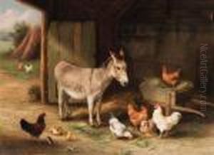 Donkey, Hens And Chickens In A Barn by Edgar Hunt