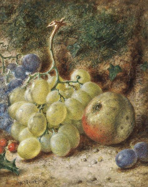 Grapes, An Apple And Holly Berries On A Mossy Bank - view 1