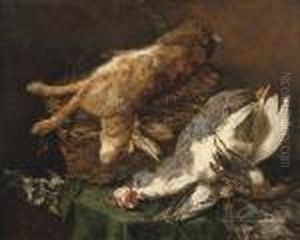 A Hare In A Basket, A Partridge And Two Quails On A Half Drapedmarble Table