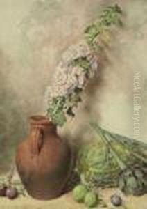 Hollyhock In An Earthenware Pot With Marrow, Artichoke, Plums Andapples