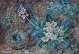 Primulas And A Bird's Nest On A Mossybank by William Henry Hunt