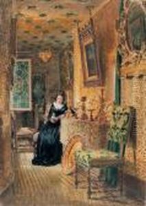 Portrait Of Mrs Hunt In Mr. Moore's Library by William Henry Hunt