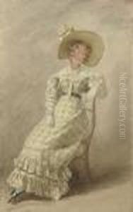 A Young Woman Seated, Wearing A Wide-brimmed Hat by William Henry Hunt