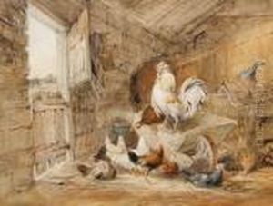 Chickens And A Rooster In A Barn by William Henry Hunt