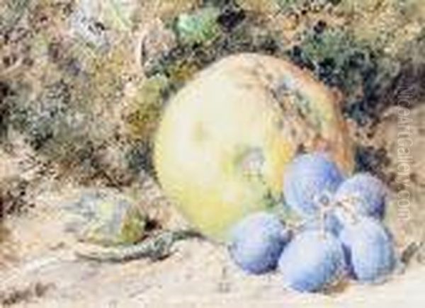 A Still Life Of An Apple And Grapes On A Mossybank - view 1