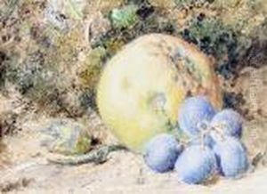 A Still Life Of An Apple And Grapes On A Mossybank by William Henry Hunt
