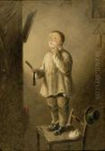 Attributed To William Henry
Hunt, A Full Length Portrait Of A Young Boy Shaving, Entitled Giving
Himself Airs, Watercolour, 47 X 32 Cm See Illustration - view 1