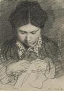 A Young Woman Sewing by William Henry Hunt