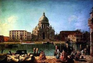 S Maria della Salute from the Rio de San Moise Venice with gentry and gondoliers in the foreground by M. & Guardi, G.A Marieschi