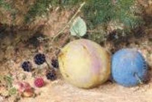 Still-life Of Rosehips, Blackberries And Plums, On A Mossy Bank