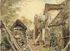 A Woman Sewing In A Cottage Garden, Edgware by William Henry Hunt
