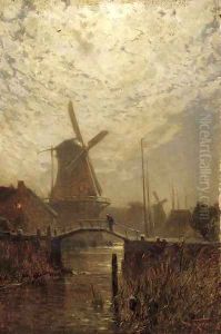 A figure crossing a bridge over a Dutch waterway by moonlight by Walter Moras