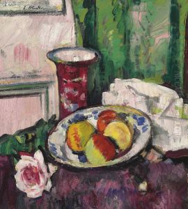 Still Life With Apples And A Pink Vase by George Leslie Hunter