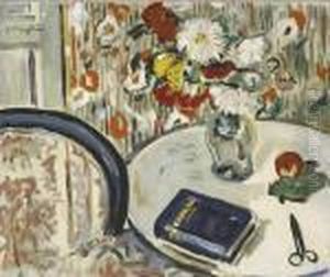 Still Life With Chair And Vase Of Flowers by George Leslie Hunter