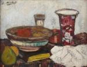 A Still Life Of Fruit And Vase On A Table-top by George Leslie Hunter