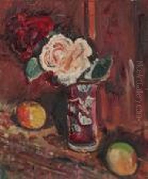 Still Life Of Cream And Red Roses And Fruit - view 1