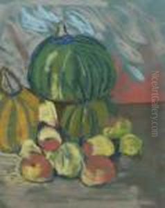 Still Life Study Of Pumpkinsand Other Fruit On A Ledge by George Leslie Hunter