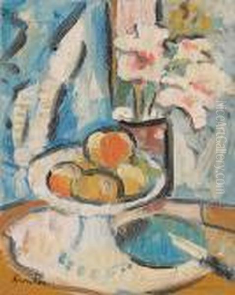 Still Life Of Pink Flowers And Fruit - view 1