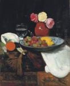 Still Life With Roses, Fruit And Wine Glasses by George Leslie Hunter