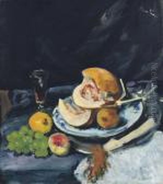 Still Life Of Cut Melon, Glass And Fan - view 1