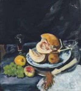 Still Life Of Cut Melon, Glass And Fan by George Leslie Hunter