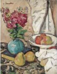 Still Life With Fruit And Flowers In A Green Vase (recto), Composition Sketch (verso) by George Leslie Hunter