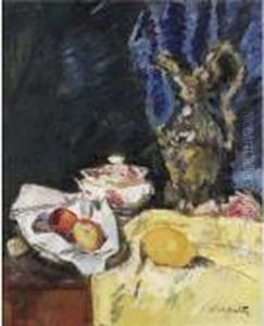 Still Life With Fruit, A Ewer
And An Ecuelle On A Yellow Drape (recto), A Fife Landscape (verso) by George Leslie Hunter