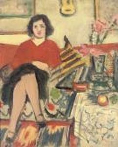 Girl In A Red Pullover, Seated On Sofa, And Flowers,
Recto
; Still Life With Melon And Grapes,
Verso by George Leslie Hunter