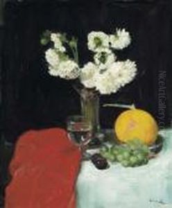 Still Life Of Dahlias, A Wine Glass And Melon by George Leslie Hunter