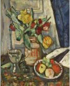 Still Life With Tulips And Fruit by George Leslie Hunter