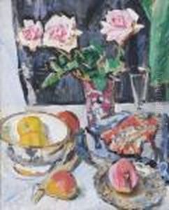 Still Life Of Pink Roses, Fruit, Glass And Fabrics by George Leslie Hunter