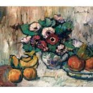 Still Life With Anemones And Fruit by George Leslie Hunter