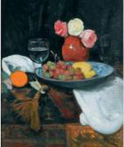 Still Life With Roses Fruit And Wine Glasses - view 1