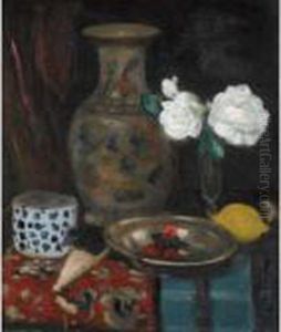 Still Life With A Chinese Vase, Bowl Of Cherries And White Roses