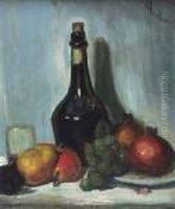 Still Life Of Fruit And Wine Bottle by George Leslie Hunter